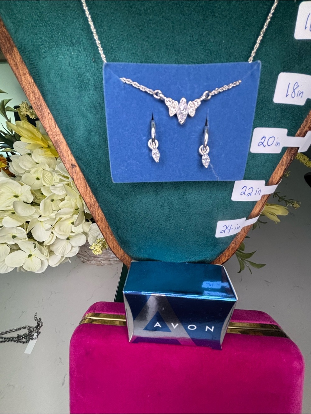 Avon Silver Tone Crystal Marquis Necklace and Earring Set